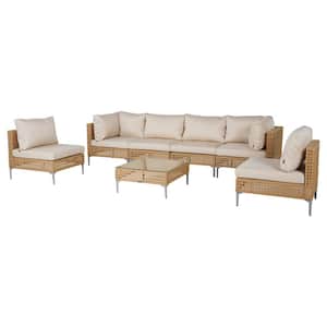 7-Piece Wicker Outdoor Sectional Sofa Set with Beige Cushions and Coffee Table