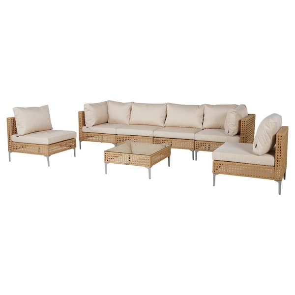 Wildaven 7-Piece Wicker Outdoor Sectional Sofa Set with Beige Cushions and Coffee Table