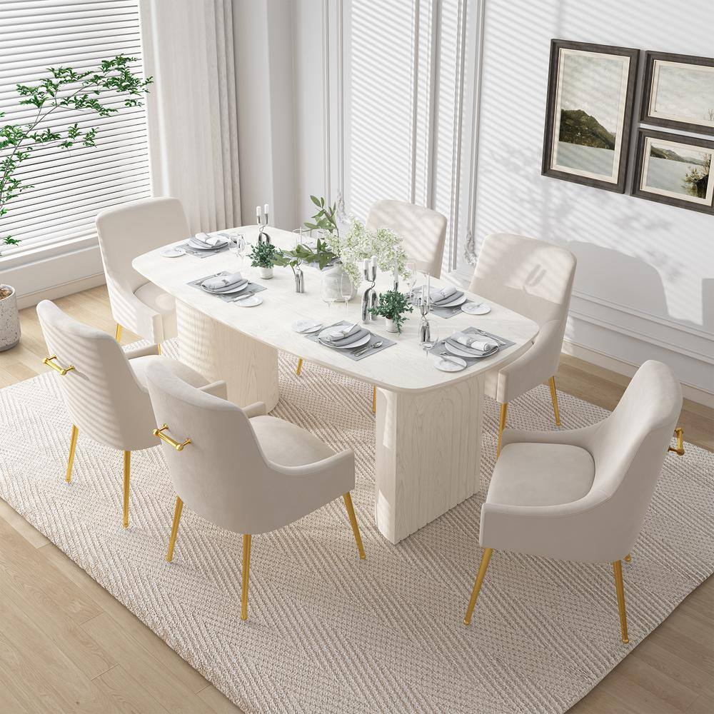 7-Piece Solid Wood Top Dining Table Set with Beige Velvet Dining Chair (Seats of 6)