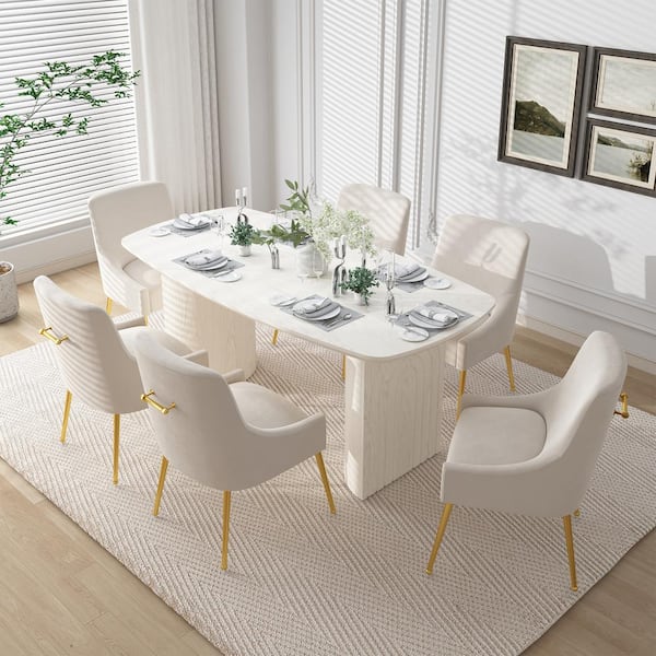 Clihome 7-Piece Solid Wood Top Dining Table Set with Beige Velvet Dining Chair (Seats of 6)