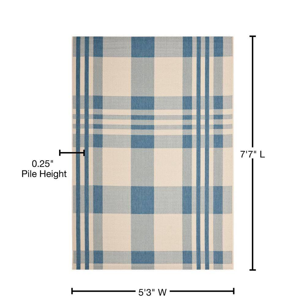 Beige and Blue Plaid Synthetic Indoor/Outdoor Area Rug