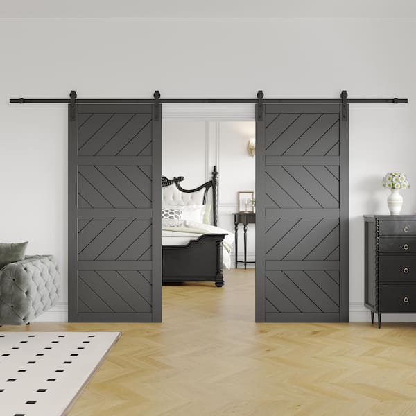 72 in. x 84 in. (Two 36 in. Slabs) Black 4 Lite Wave Shape Prefinished Sliding Barn Door with Hardware Kit