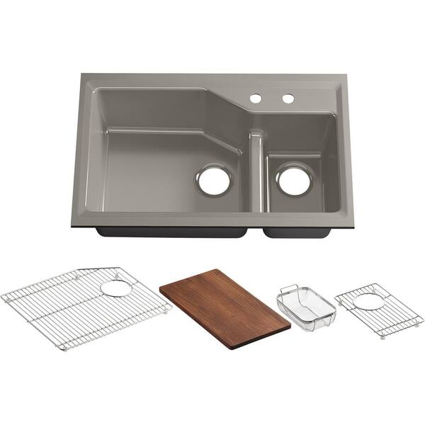 KOHLER Indio Smart Divide Undermount Cast-Iron 33 in. 2-Hole Double Bowl Kitchen Sink Kit in Cashmere