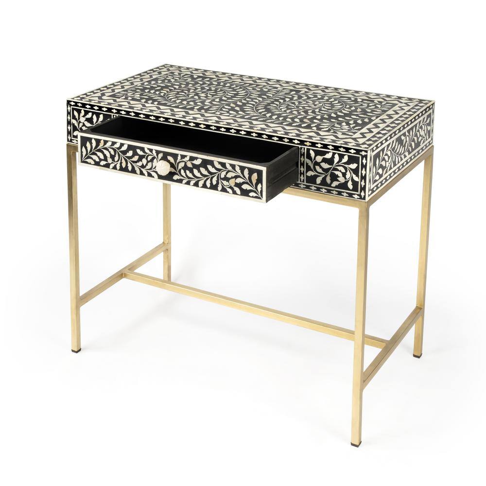 Black Bone Inlay Writing Desk with Drawer, 36"