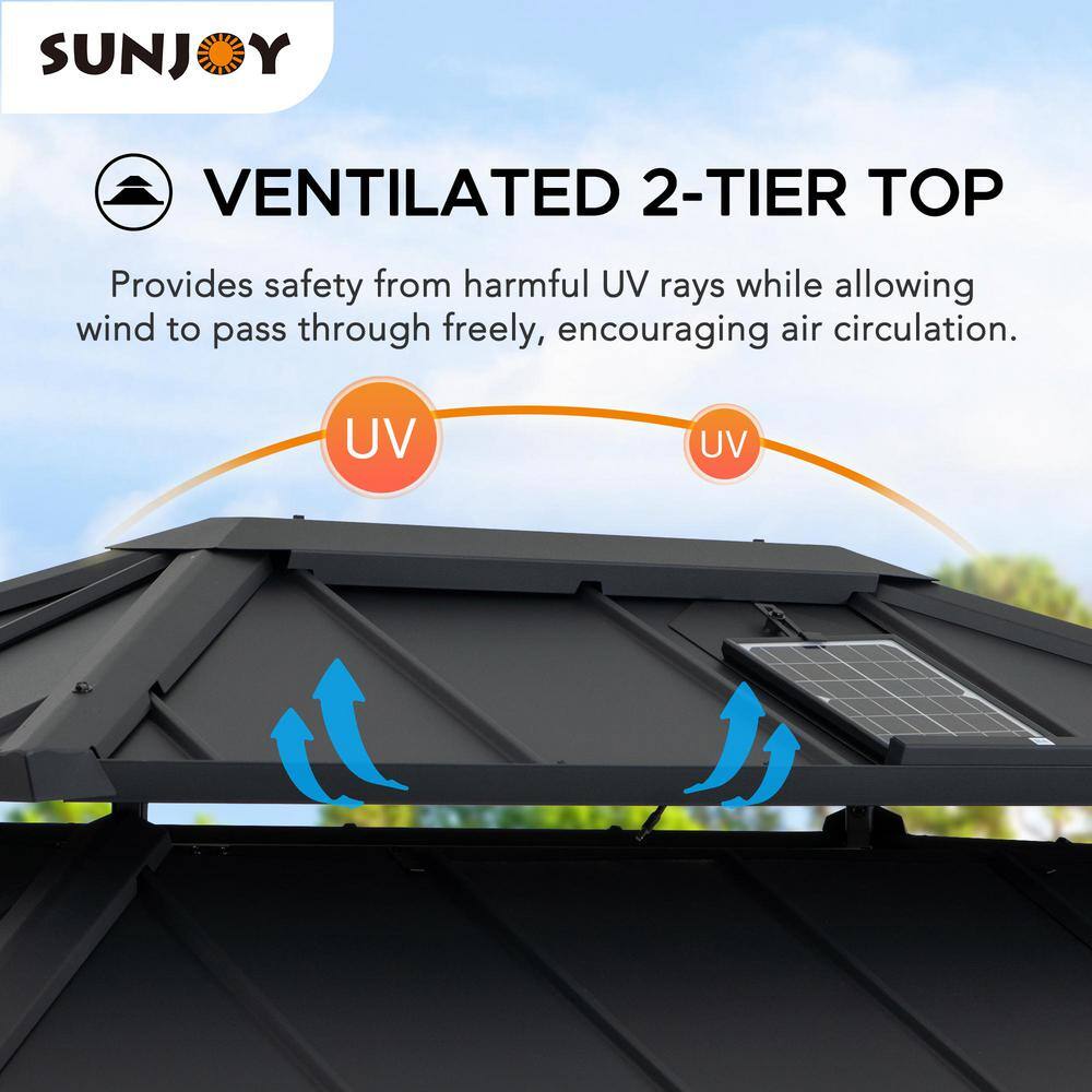 Black Aluminum and Steel 10x12 ft. Hardtop Gazebo with Solar Panel