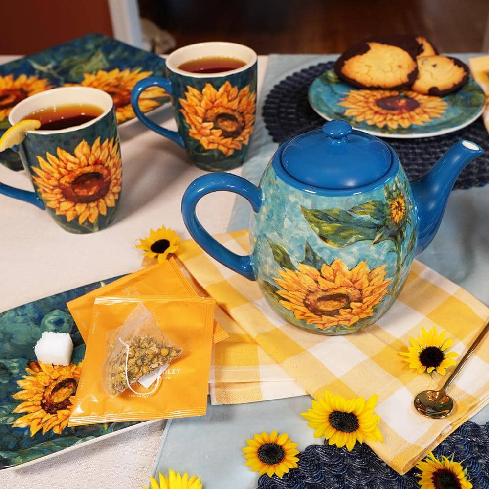 Golden Sunflower Blue Ceramic 20 oz Mug Set
