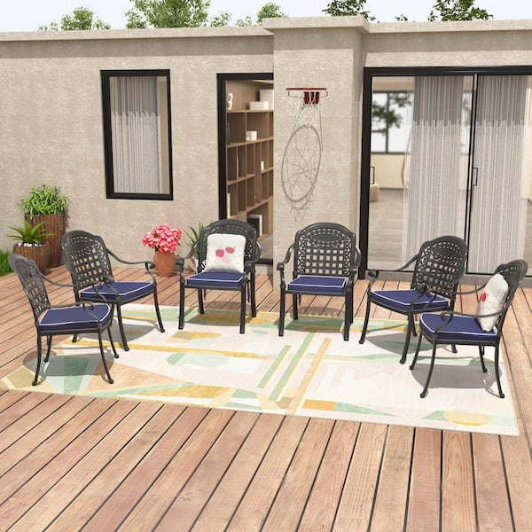 Black Stackable Cast Aluminum Patio Outdoor Dining Chairs with Blue Seat Cushions (Set of 6)