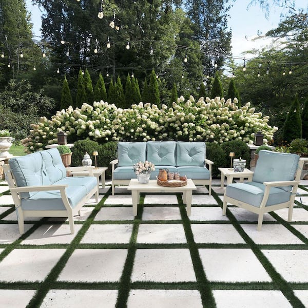 Lehigh Whitewash 6-Piece Grand Deep Seating Patio Conversation Set with Sunbrella Bliss Dew Cushions