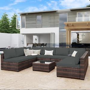 9-Piece Rattan Wicker Patio Conversation Seating Set with Coffee Table and Dark Gray Cushions