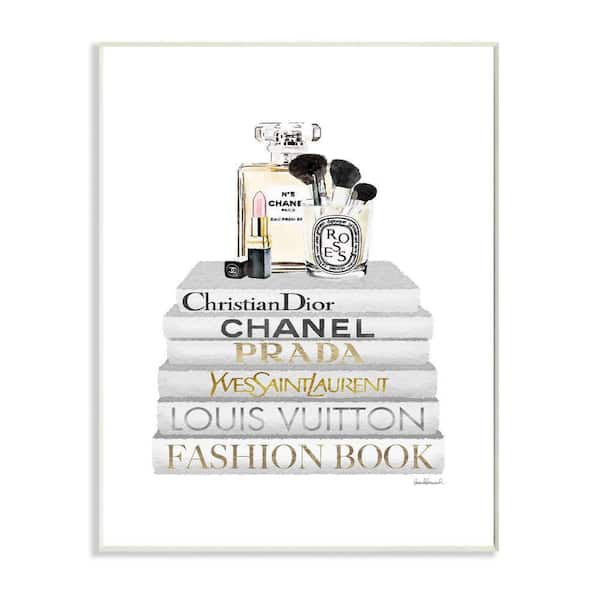 Stupell Industries "Fashion Designer Makeup Bookstack White Gold Watercolor "by Amanda Greenwood Wood Abstract Wall Art 15 in. x 10 in.