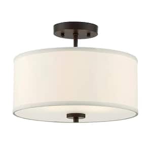 Meridian 13 in. W x 10 in. H 2-Light Oil Rubbed Bronze Semi-Flush Mount Ceiling Light with White Fabric Shade