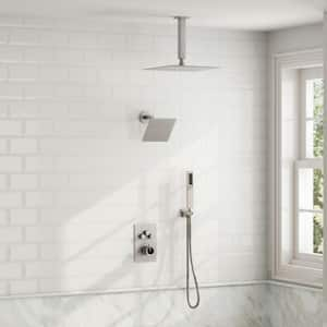 Multiple Press 7-Spray Ceiling Mount Anti Scald 12 in. Fixed and Handheld Shower Head in Brushed Nickel Valve Included