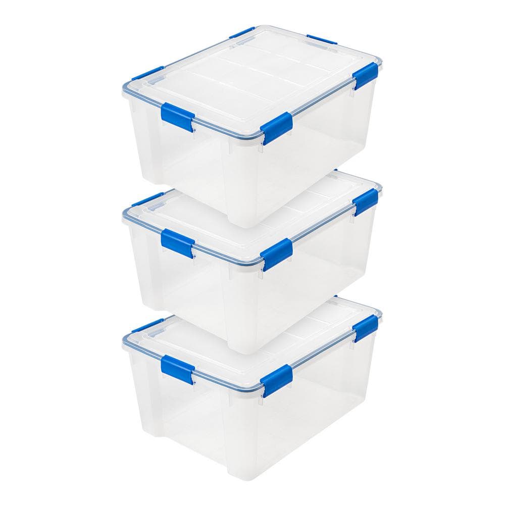 60 Quart WEATHERTIGHT Multi-Purpose Storage Box  Clear with Blue Buckles  3 Pack