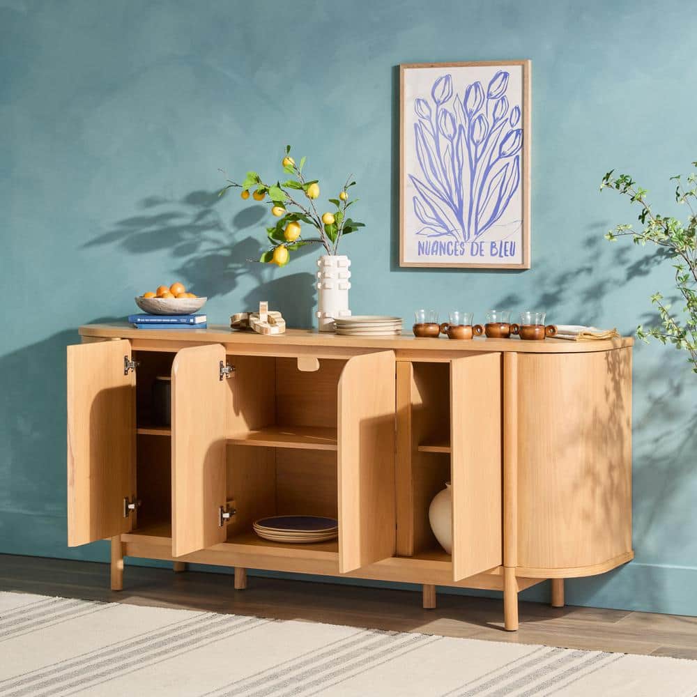 Modern Natural Solid Wood 70" Curved Sideboard Cabinet