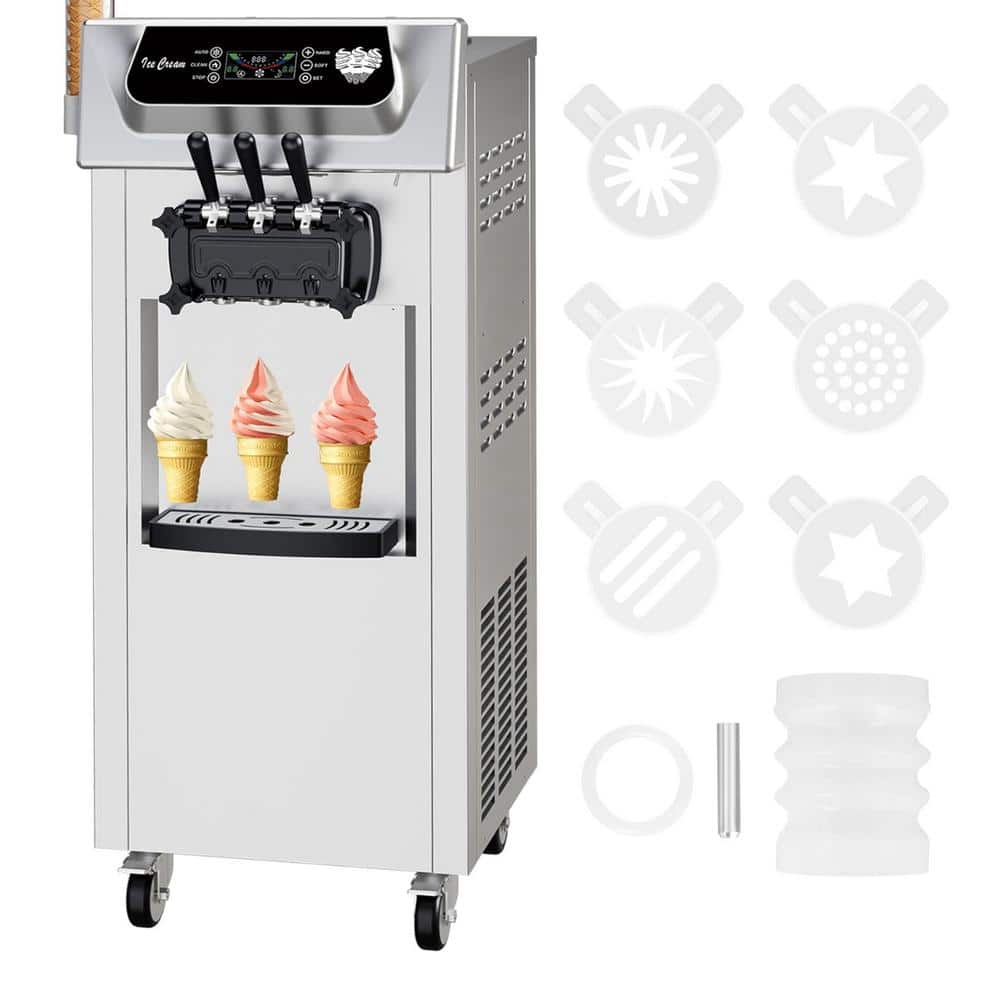 14.8 qt. 3 Flavor Soft Serve Commercial Ice Cream Maker in Stainless Steel with Compressor and Wheels