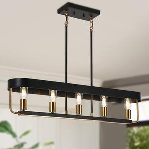 LNC Wood Rectangular Chandelier, 43 in. Large 5-Light Linear Black ...