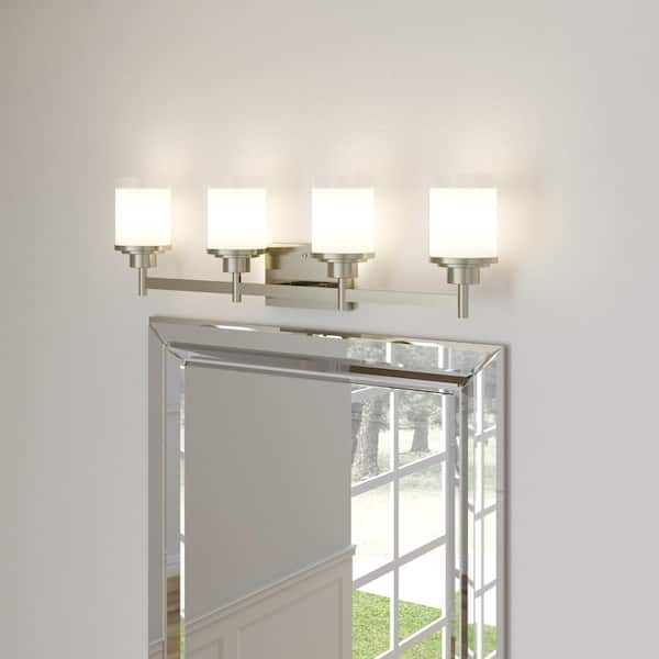 Alexa Collection 31 in. 4-Light Brushed Nickel Etched Opal Linen With Clear Edge Glass Modern Bathroom Vanity Light