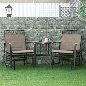 76.75 in. W Brown Metal Outdoor Glider with Center Table, Breathable Mesh Fabric and Armrests for Backyard Garden Porch