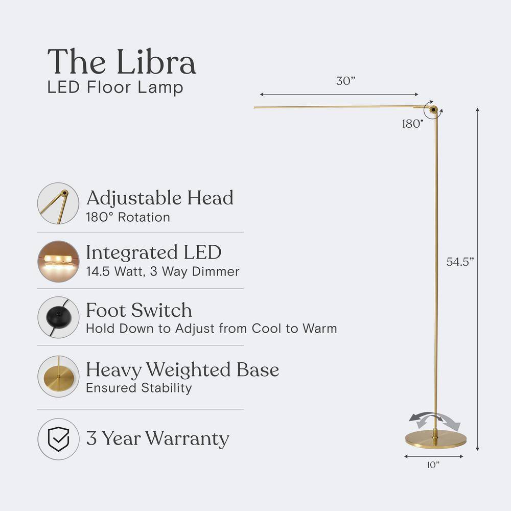 Libra Brass Adjustable LED Floor Lamp with 3-Way Switch