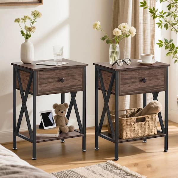 VECELO Nightstands X-Design Side End Table Night Stand Storage Shelf with Drawer 11.8 W x 15.8 L x 21.7 H Retro Gray Set of 2