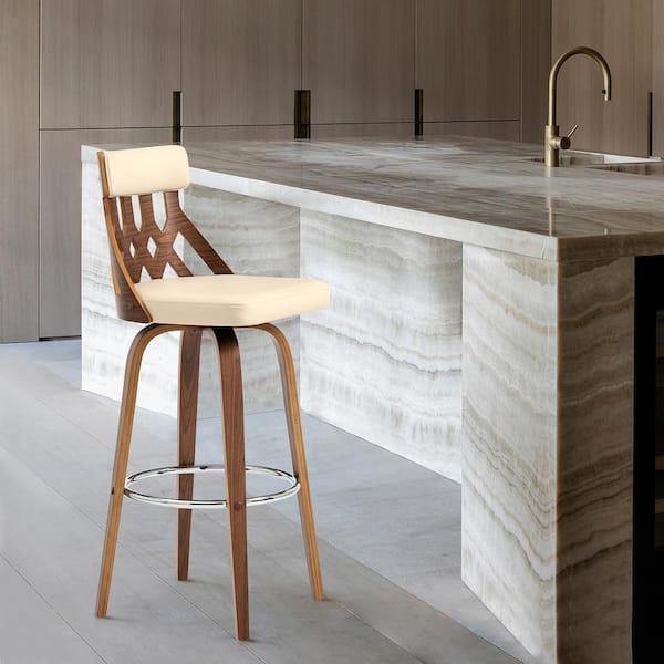 Armen Living Crux 30 in. Bar Height High Back Swivel Bar Stool in Cream Faux Leather and Walnut Wood