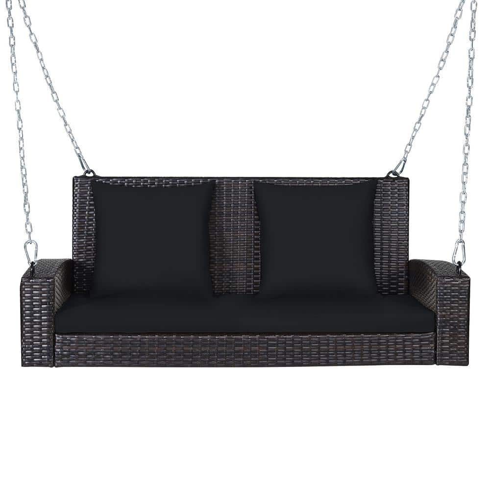 Black Wicker 2-Person Patio Swing with Cushions