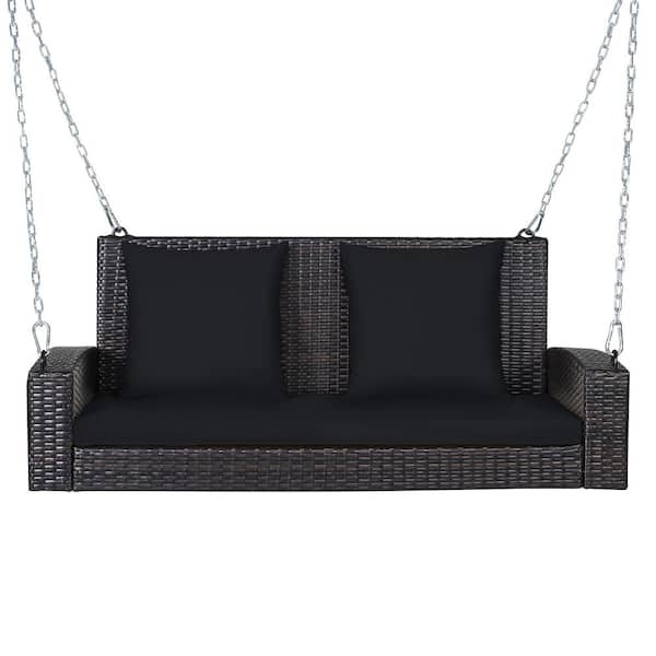 Costway 2-Person Patio Rattan Hanging Porch Swing Bench Chair Black Cushion
