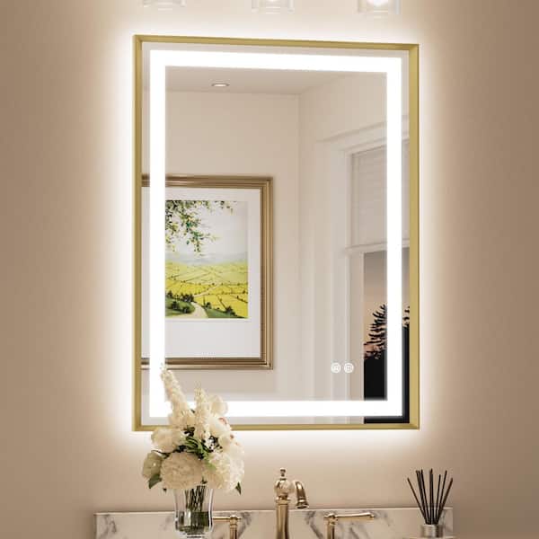 24 in. W x 32 in. H Rectangular Framed LED Anti-Fog Wall Bathroom Vanity Mirror in Gold with Backlit and Frontlit