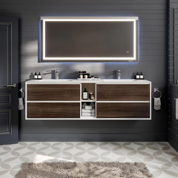 Vienna 75 in. Double Sink Floating Gray Oak Bath Vanity with White Acrylic Top (Assembled)