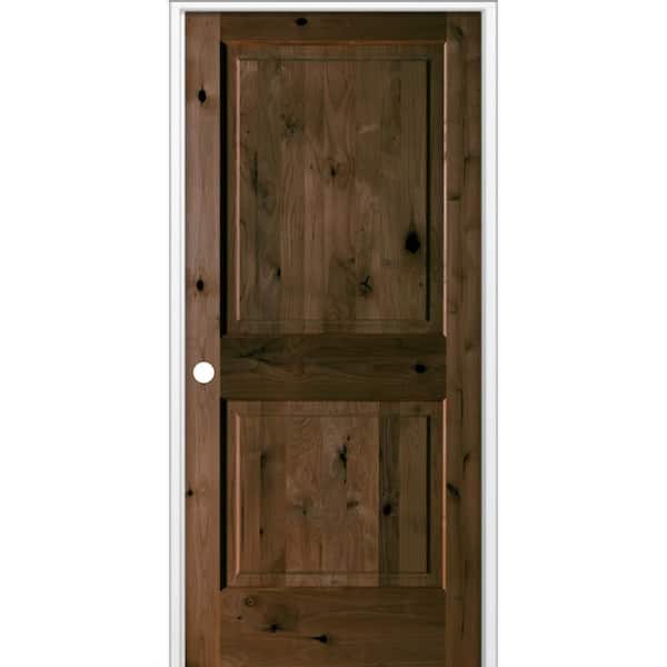36 in. x 80 in. Rustic Knotty Alder 2 Panel Square Top Right-Hand Single BEHR Espresso Stain Wood Prehung Interior Door