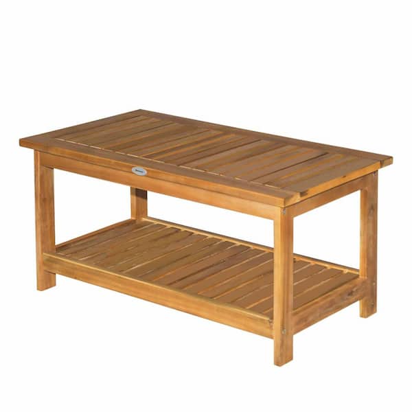 Zeus & Ruta Natural Acacia Wood Rectangular Outdoor Coffee Table 2-Shelf Buffet Storage Organizer for Patio, Deck, Lawn, Garden