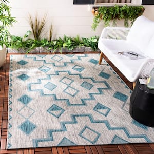 Courtyard Gray/Teal 7 ft. x 7 ft. Square Geometric Indoor/Outdoor Patio  Area Rug