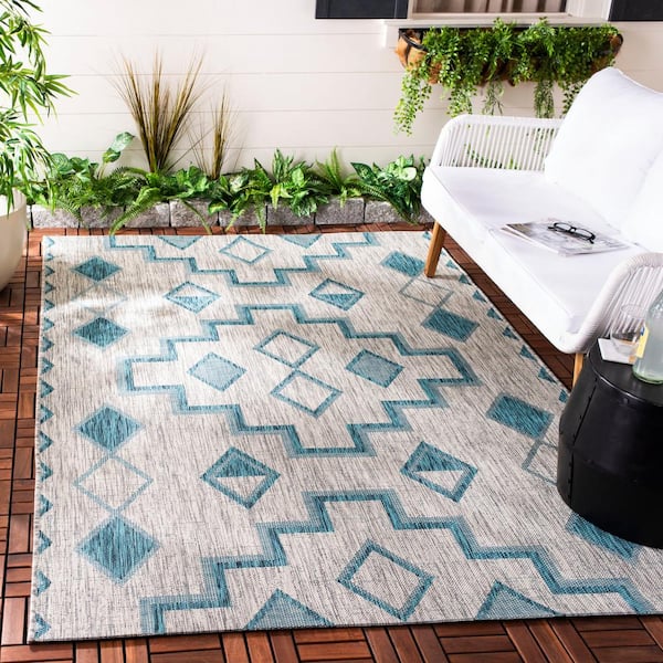 Courtyard Gray/Teal 7 ft. x 7 ft. Square Geometric Indoor/Outdoor Patio  Area Rug