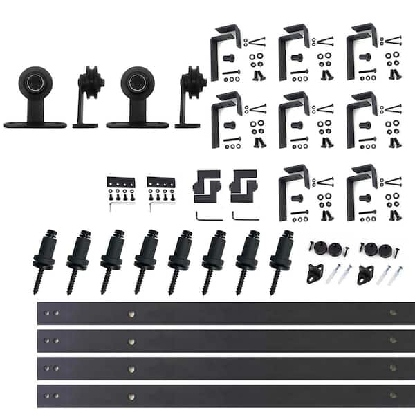 HOMACER 10 ft./120 in. Black Rustic Double Track Bypass U-Shape Sliding Barn Door Hardware Kit - T-Shape Design Roller