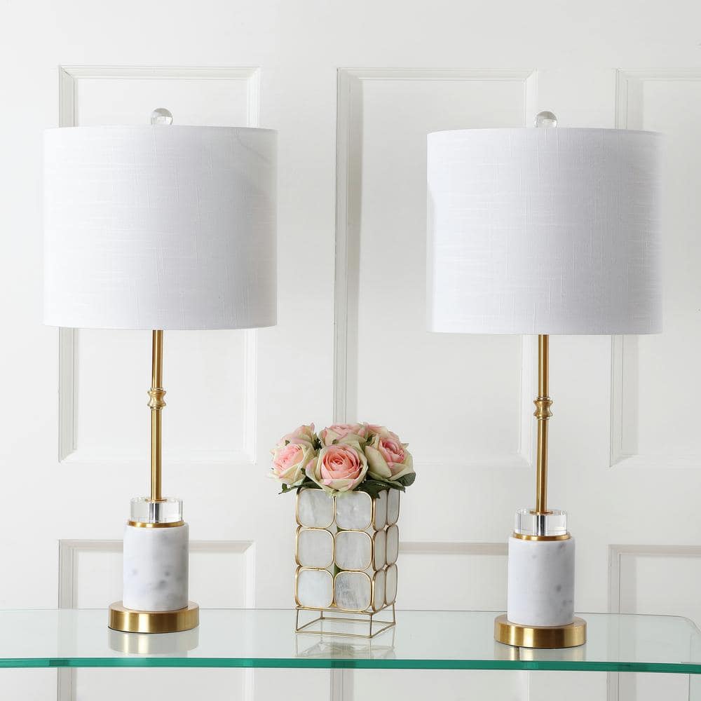 Elegant Transitional 27" Marble & Brass LED Table Lamp Set, White