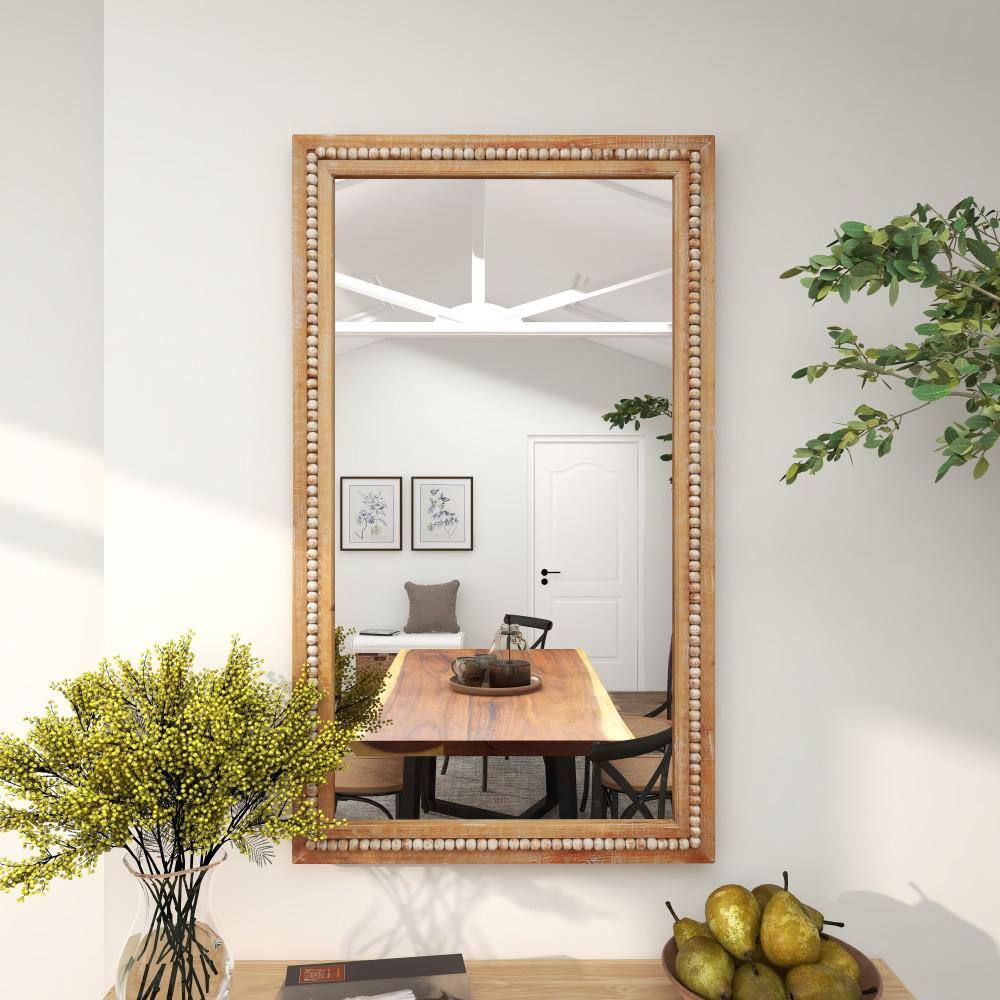 Light Brown Bohemian Wood Rectangular Wall Mirror with Beaded Detail