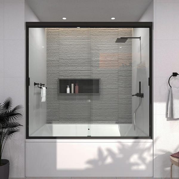 TaiMei Prism 60 in. W x 56 in. H Sliding Semi-Frameless Tub Door in Matte Black with Clear Glass and Handles