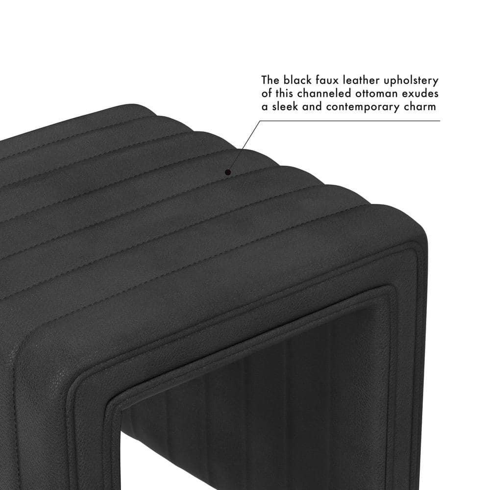 Black Faux Leather Channel Tufted Footstool Ottoman