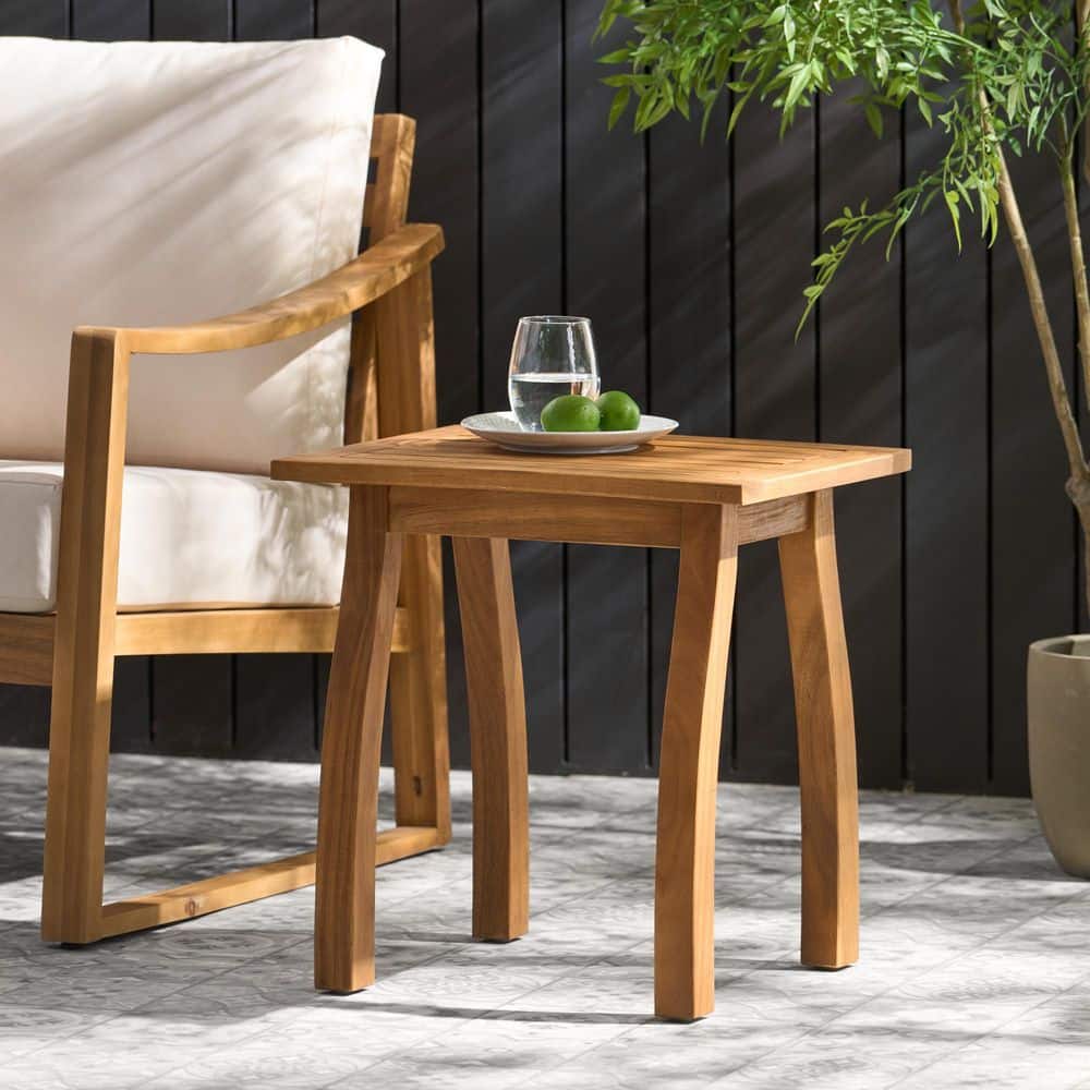 19 in. Outdoor Acacia Wood Side Table, Teak Finish Decorative Table Brown f