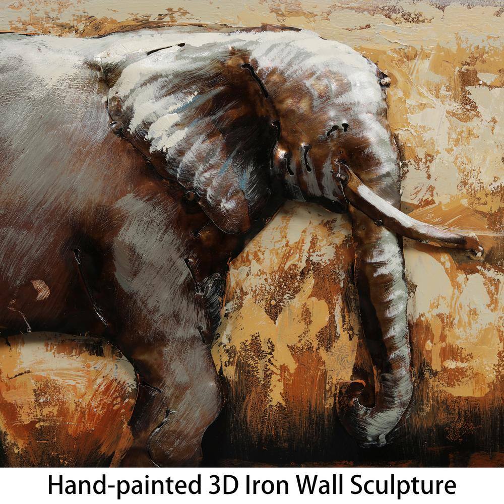Hand Painted 3D Iron Elephant Wall Art with Tree