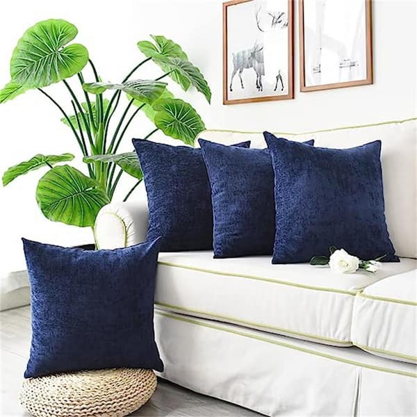CaliTime Pack of 4 Cozy Throw Pillow Covers Cases for Couch Sofa Home Decoration Solid Dyed Soft Chenille 18 x 18 Inches Navy Blue