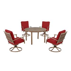 Geneva 5-Piece Brown Wicker Outdoor Patio Dining Set with CushionGuard Chili Red Cushions