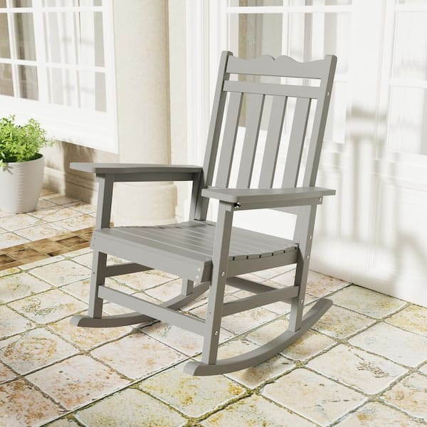Light Gray Plastic Adirondack Rocking Chair with Big Armrest Weather Resistant, Fire Pit Outdoor Rocking Chair