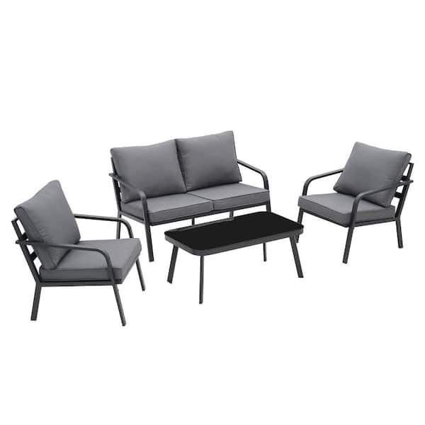 OVASTLKUY Gray 4-Piece Outdoor Aluminum Patio Conversation Set with Gray Cushions and Coffee Table