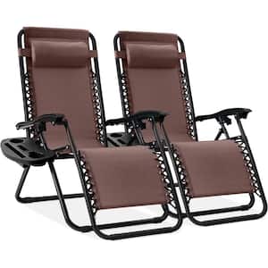 Brown Adjustable Steel Mesh Zero Gravity Lounge Chair Recliners with Pillows and Cup Holder Trays