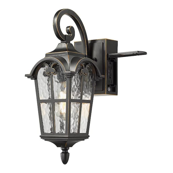 JAZAVA 17.3 in. 1-Light Black Hardwired Outdoor Wall Lantern Sconce with Built-in GFCI Outlet Light 1-Pack
