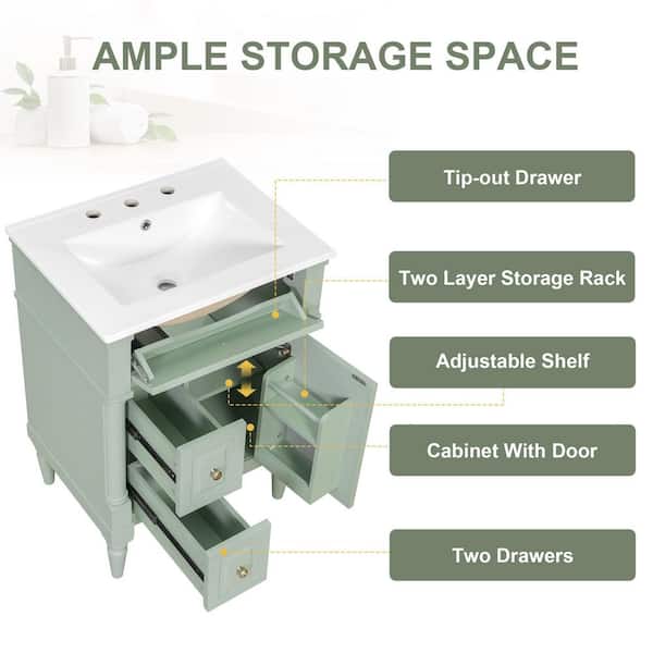 JUJABU 24 in. Freestanding Green Bath Vanity with White Ceramic