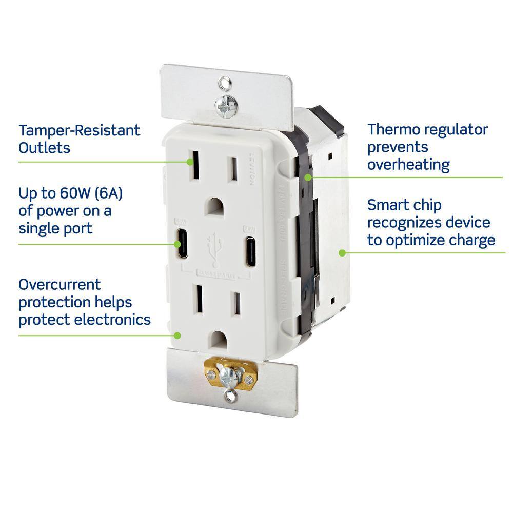 White Thermoplastic Tamper Resistant USB-C Wall Outlet with Wall Plate