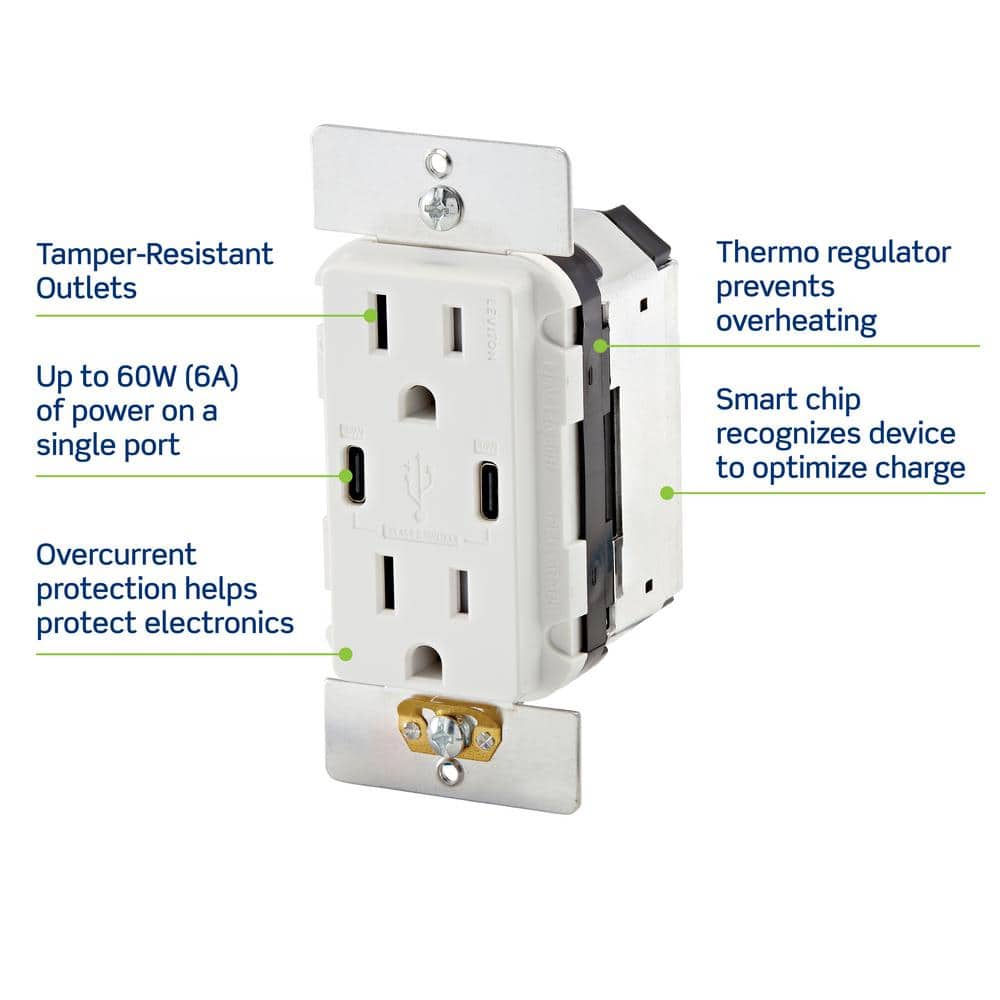 White Thermoplastic Tamper Resistant USB-C Wall Outlet with Wall Plate