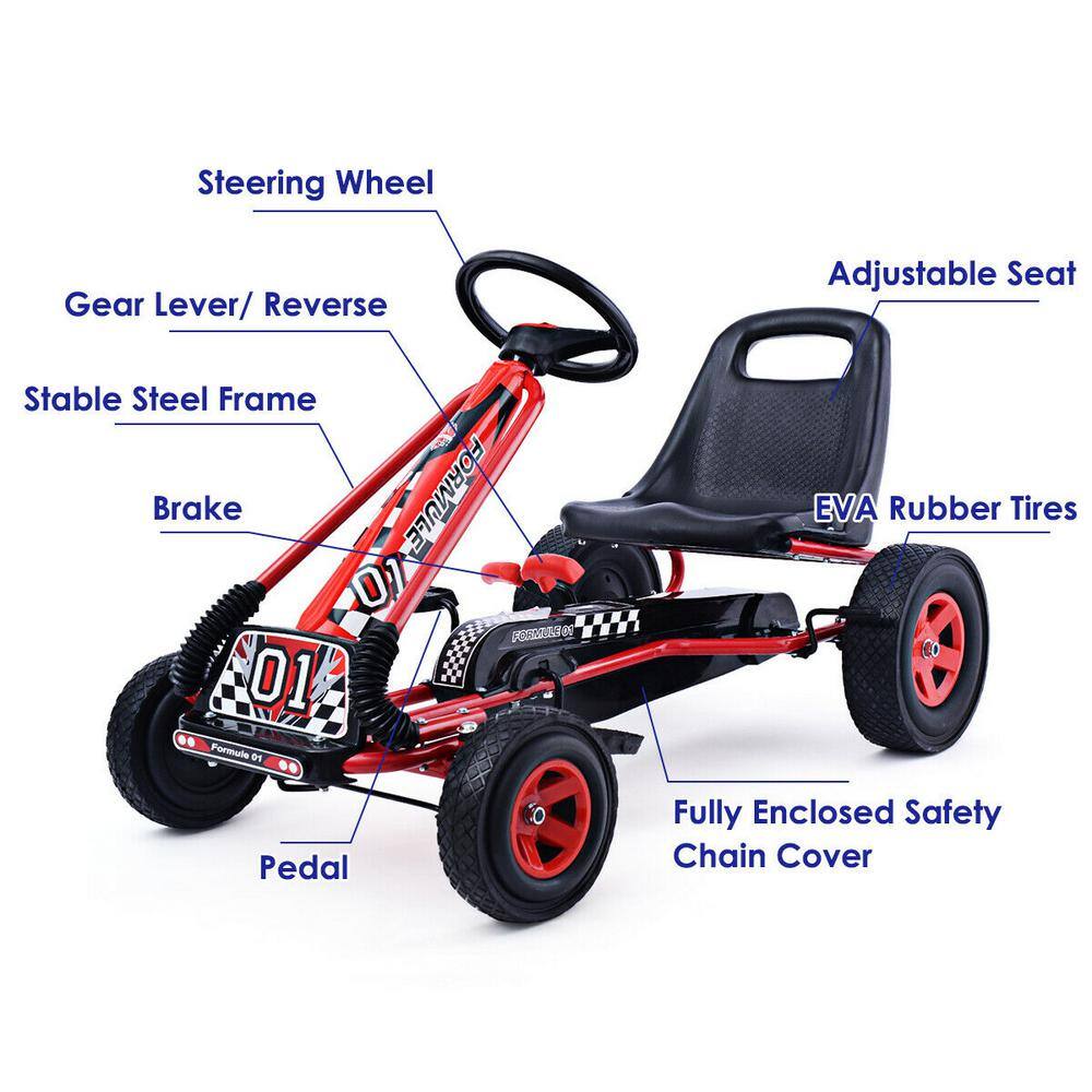 Red Pedal Powered Kids Go Kart with Adjustable Seat